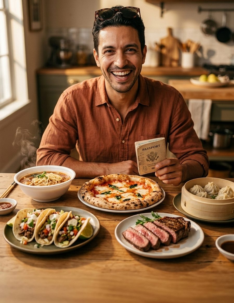 Skip the Flight Cookbook Vol. 1 cover: Marco with a passport and a table of world-famous dishes